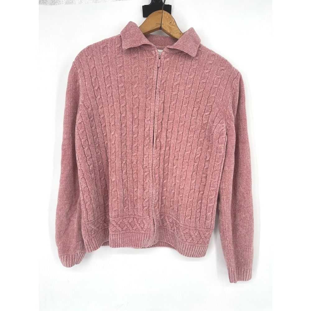 Alfred Dunner Zip Up Sweater Women S Pink Cable Knit Chenille Soft Cozy‎ Casual
